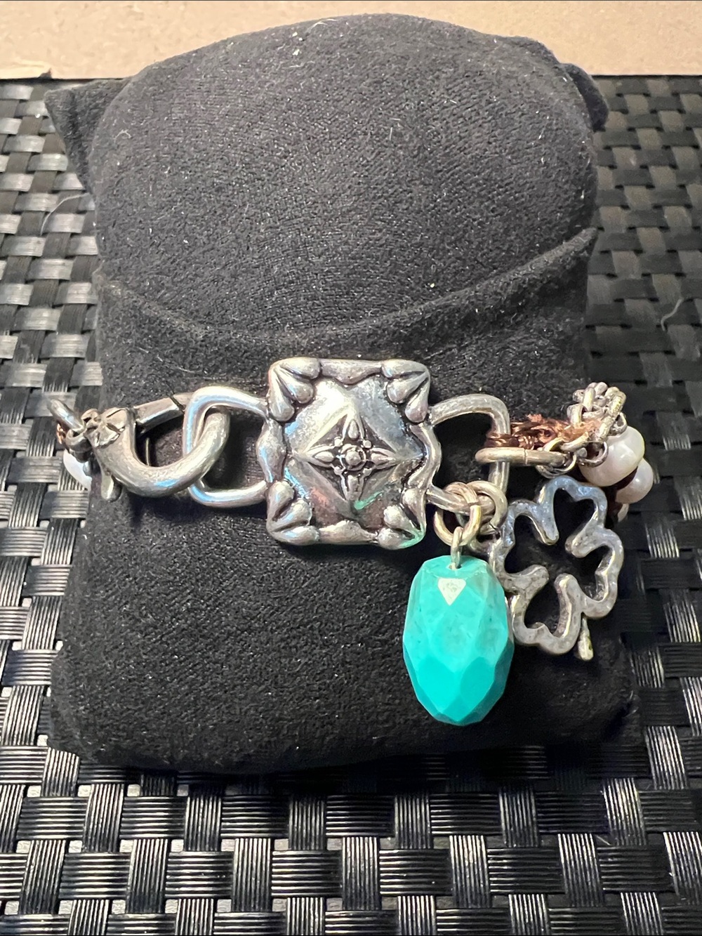 Lucky Brand Silver-Tone Charm Bracelet with Turquoise like Faceted Stone